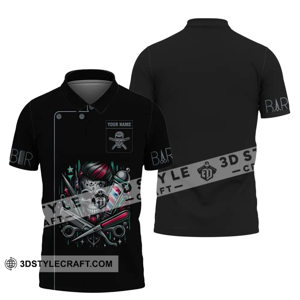 Man Shirt Custom Name Barber Hairstylist Apparel Skull T-Shirt For Shop Polo / S