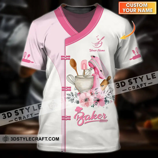 Unisex Shirt - Custom Name 3D Shirt For Baker, Making Cake, Light Pink Flowers style option 1