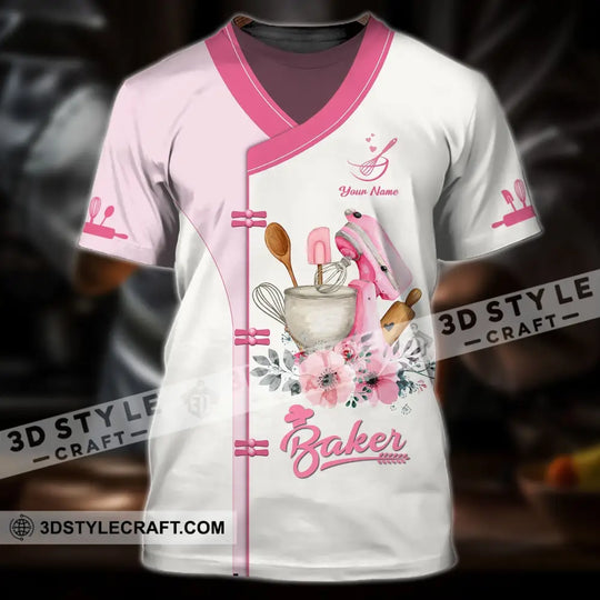 Unisex Shirt - Custom Name 3D Shirt For Baker, Making Cake, Light Pink Flowers style option 2