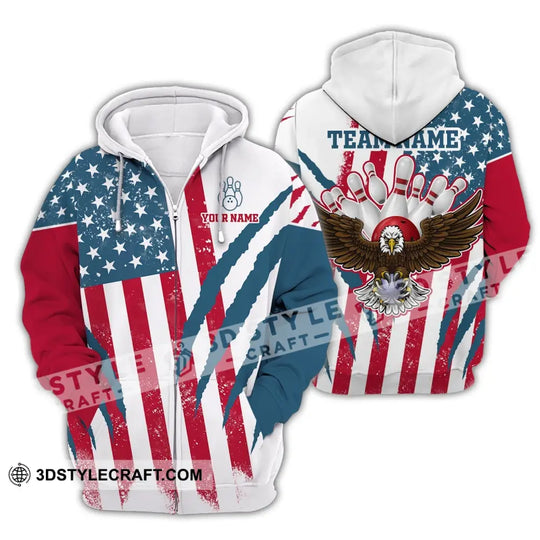 Unisex Shirt, Custom Name and Team Name Bowling Polo Shirt, America Flag Bowling T-Shirt, Bowling Hoodie Long Sleeve Shirt style option 4