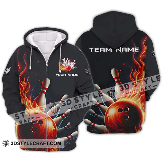 Unisex Shirt - Custom Name And Team Name Shirt, Red Fire Bowling Ball And Pins style option 2