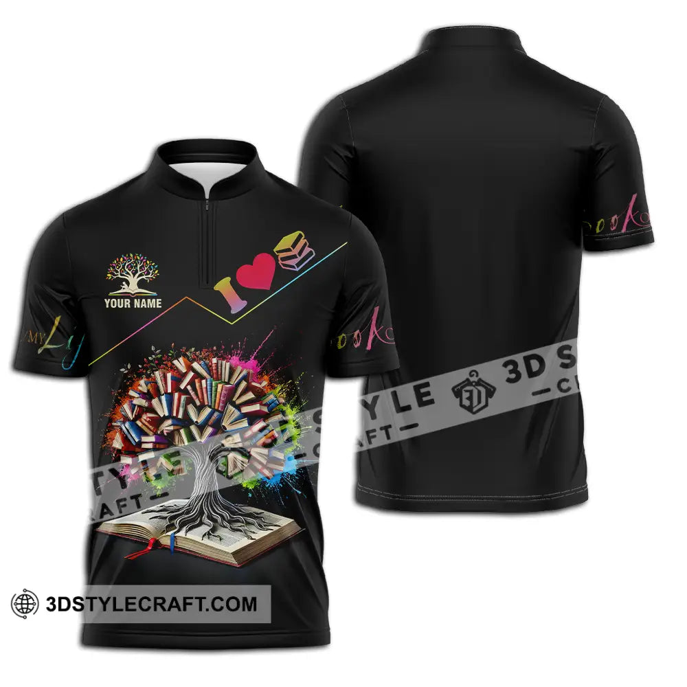 Unisex Shirt - Custom Name Book Tree Zipper Polo / S T-Shirt