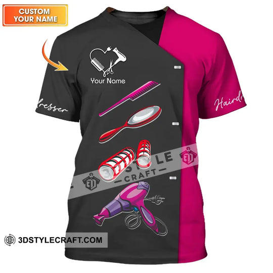 Unisex Shirt - Custom Name Shirt - Gift For Hairdresser Lover, Custom Name Hairdresser Tools, Heart Black And Pink Shirt style option 1