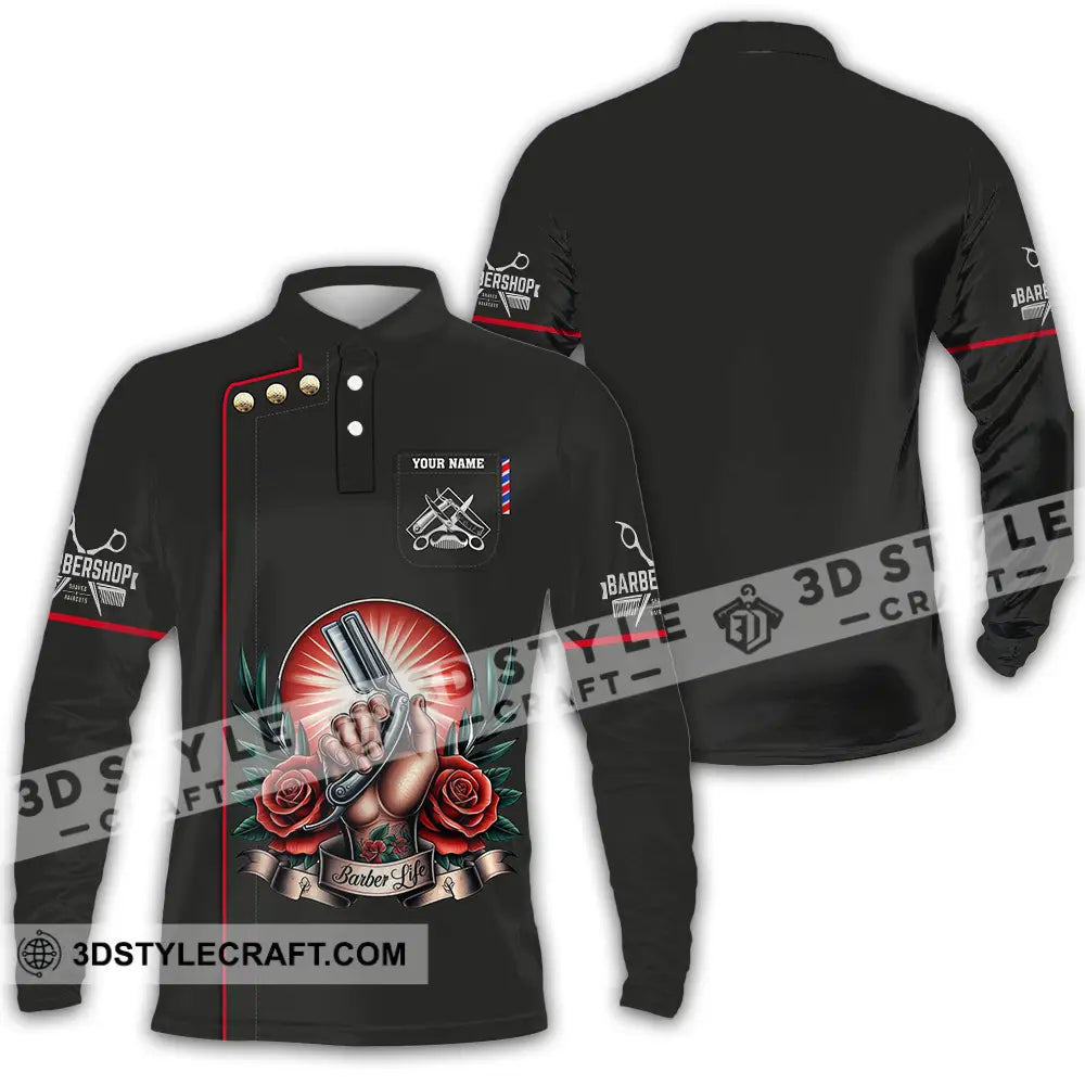 Unisex Shirt - Custom Text Barber Life Long Sleeve Polo / S T-Shirt